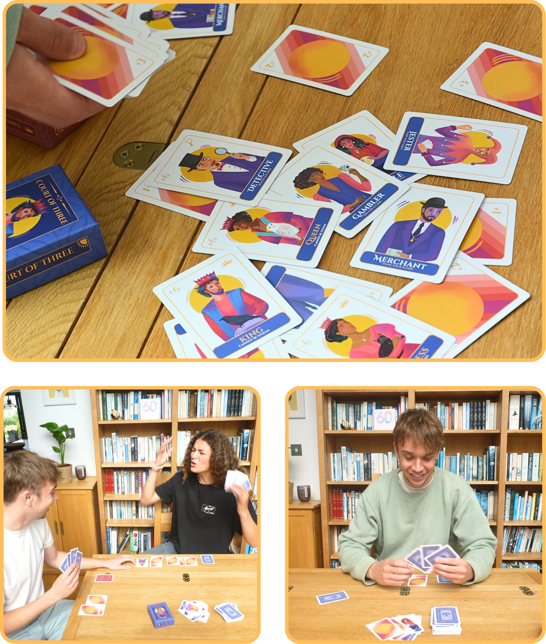 The boxed game with cards fanned around it, and players at the table